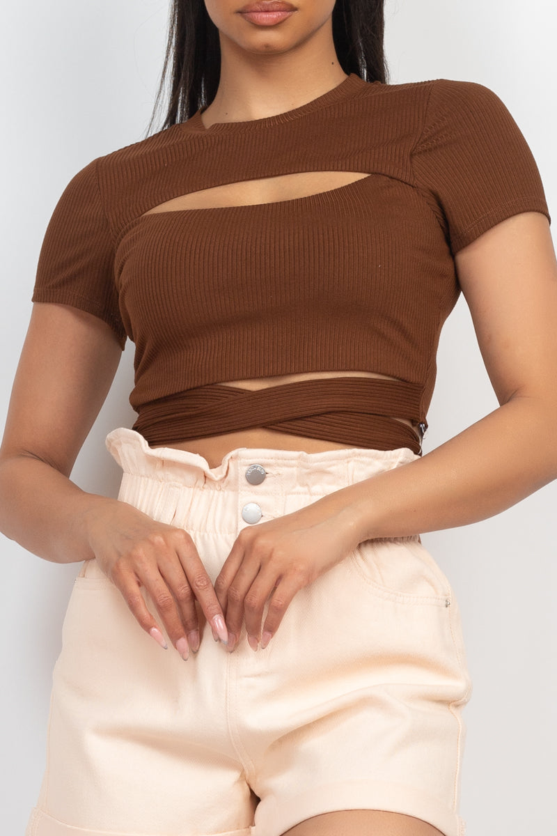 Self-tie Ribbon Front Cutout Crop Top