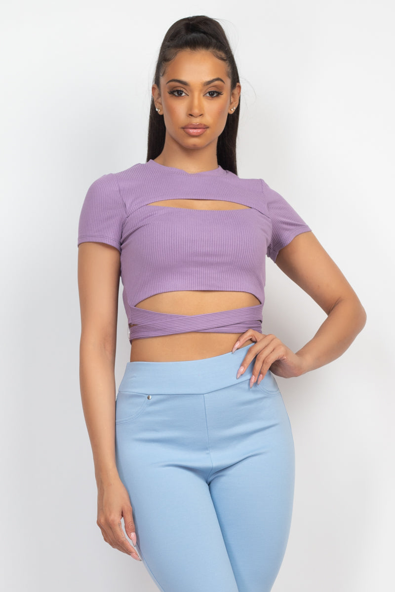 Self-tie Ribbon Front Cutout Crop Top