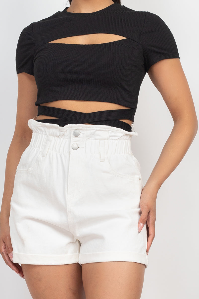 Self-tie Ribbon Front Cutout Crop Top