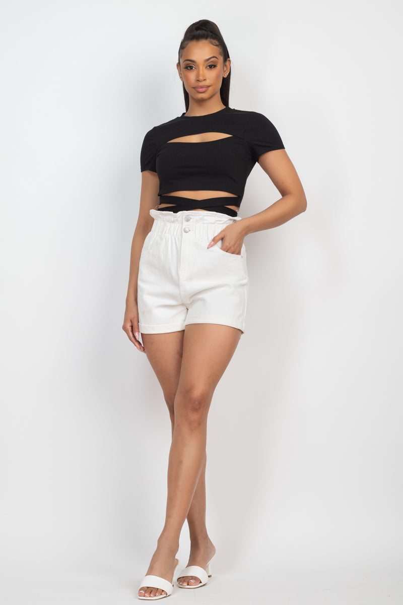 Self-tie Ribbon Front Cutout Crop Top