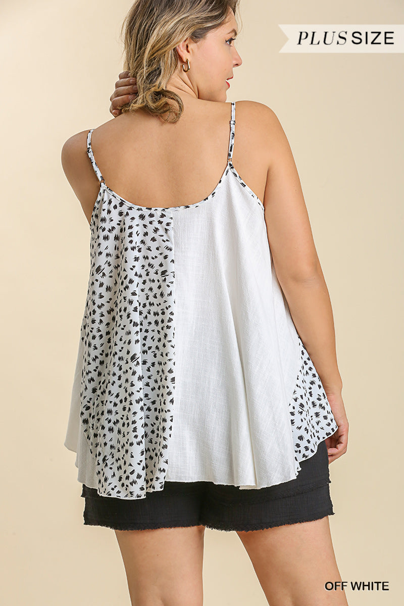 Linen Blend Mixed Animal Print Adjustable Spaghetti Strap Top