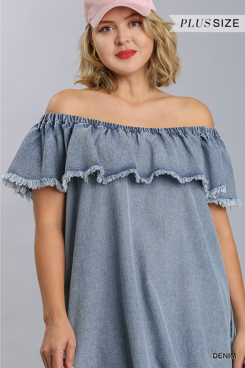 Off Shoulder Ruffled Denim Dress With Frayed Hem & Pockets