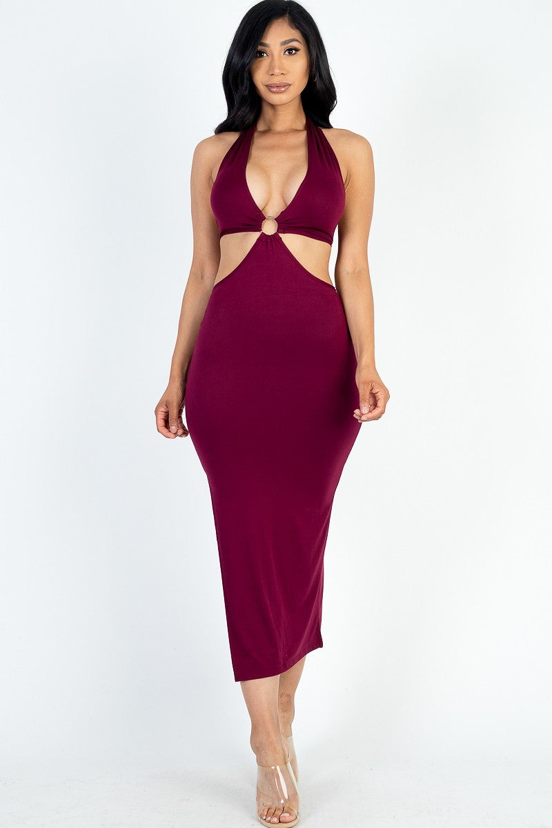 Cut-out Halter Neck Double Back Tie Split Thigh Midi Dress