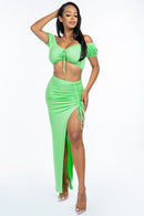 Solid Ruched Front Off The Shoulder Short Sleeve Cropped Top And Side Ruched Asymmetrical Skirt Two Piece Set