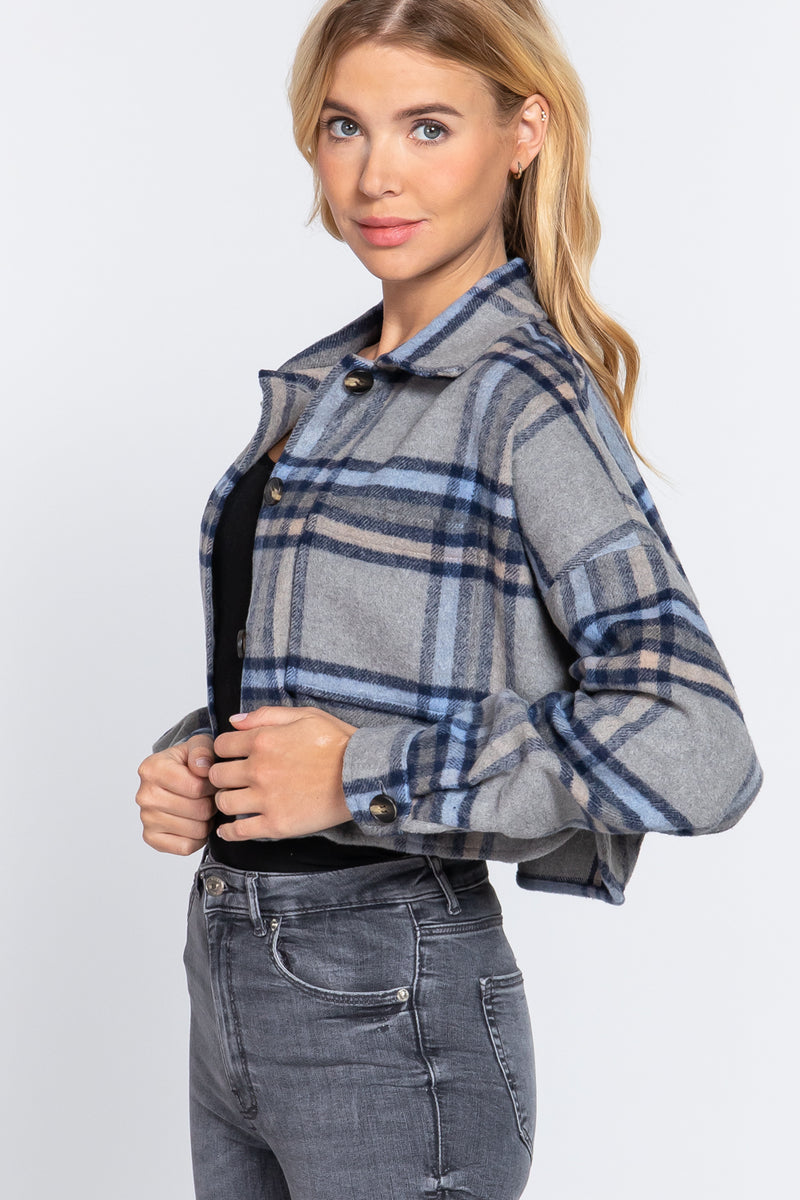 Wool Plaid Oversized Crop Jacket