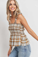 Ruffle Strap Smocked Peplum Plaid