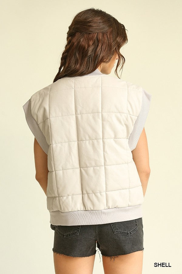 Faux Leather Solid Puffer Vest With Pockets