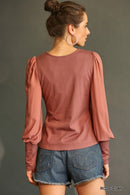 Solid Knit And Chiffon Mixed Top With Puff Long Sleeve