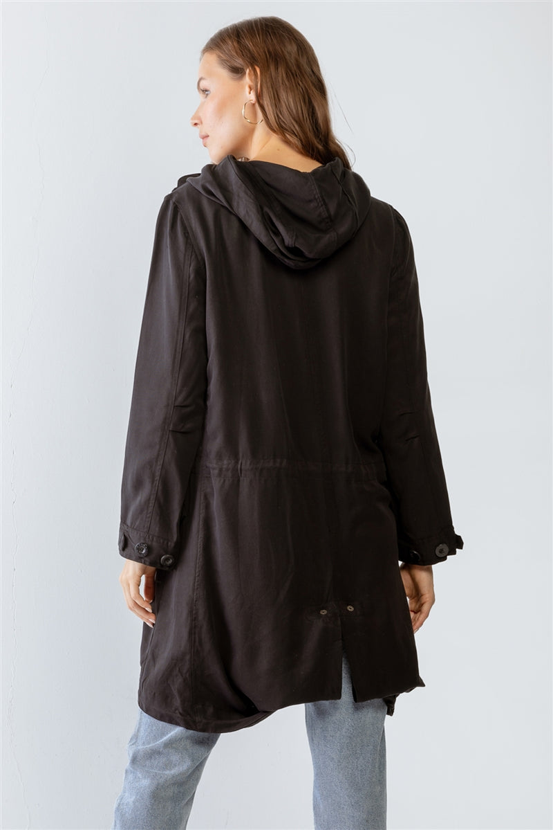 Black Asymmetrical Draped Zip Up Wide Lapel Collar Hooded Jacket