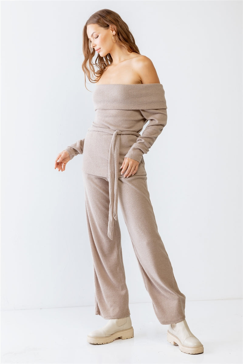 Mocha Ribbed Soft To Touch Off-the-shoulder Belted Top & Two Pocket High Waist Pants Set