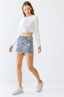 Ivory Light Blue Lavender Ribbed Stitch Detail Crew Neck Crop Top