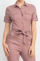 Collared Waist-tie Buttoned Jumpsuit