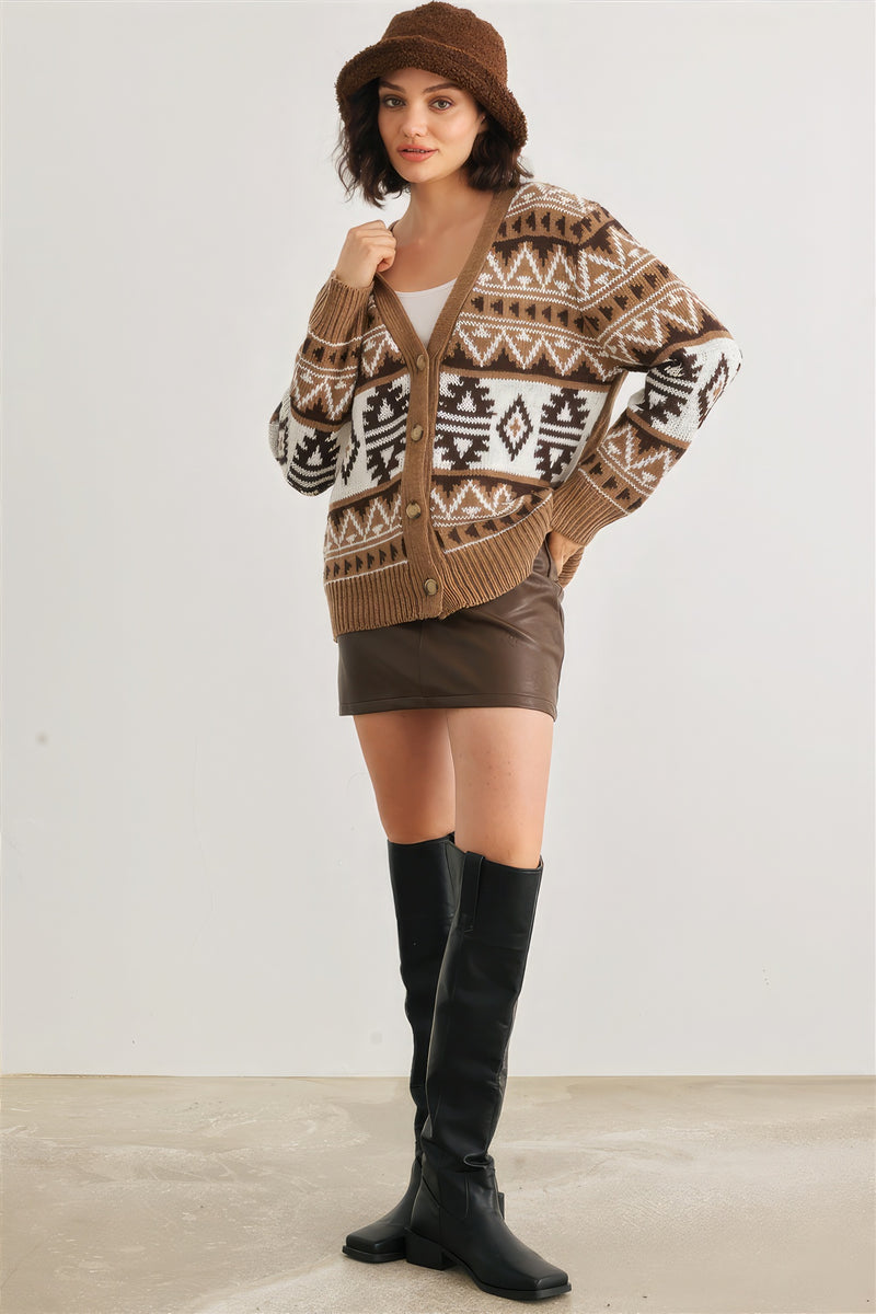 Fair Isle Knit Button-up Long Sleeve Cardigan Sweater