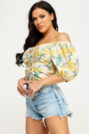 Floral Print Lace Up Ruched Crop Top