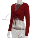 V Neck Long Sleeve Women Ruched Lace Up Casual Tee Shirt