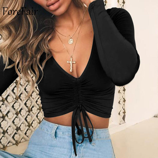 V Neck Long Sleeve Women Ruched Lace Up Casual Tee Shirt
