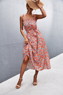 Floral Tie-Shoulder Belted Midi Dress