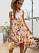 Floral Round Neck Sleeveless Ruffle Hem Dress