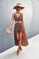 Floral Spaghetti Strap Surplice Romper with Skirt Overlay
