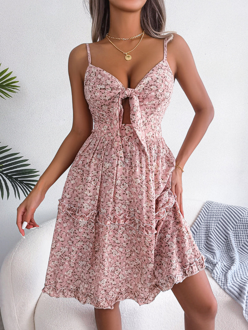Ditsy Floral Tie Front Frill Trim Dress