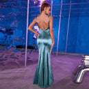 Spaghetti Strap Plunge Satin Fishtail Dress