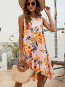 Floral Round Neck Sleeveless Ruffle Hem Dress