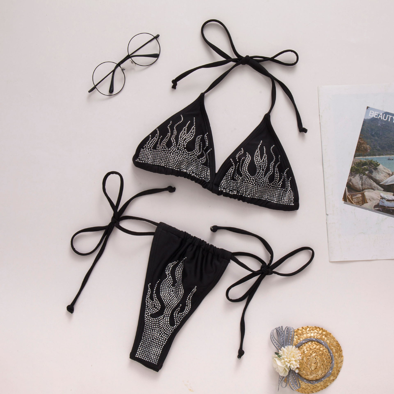 Women's Rhinestone Flame Print Bikini Set