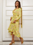 Floral Tie Waist Ruffled V-Neck Dress