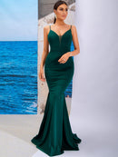 Spaghetti Strap Backless Plunge Mermaid Dress