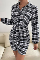 Plaid Tie Front Ruched Mini Shirt Dress