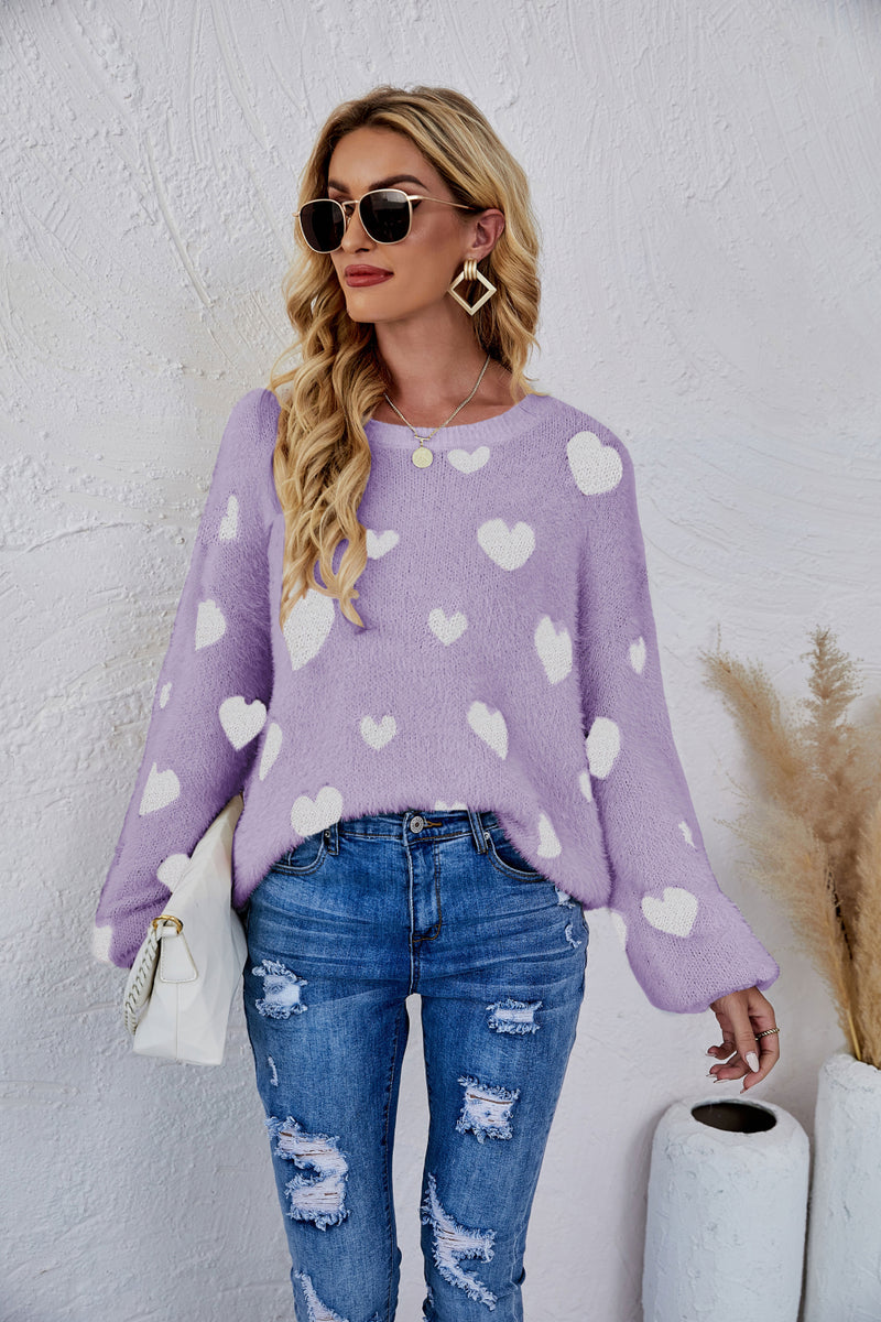 Heart Print Fuzzy Crewneck Long Sleeve Sweater