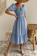 Plaid Cutout Square Neck Smocked Dress