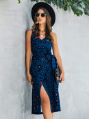 Printed Spaghetti Strap V-Neck Belted Dress