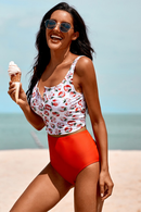 Orange Square Neck Sleeveless Fashion Print Tankini Set