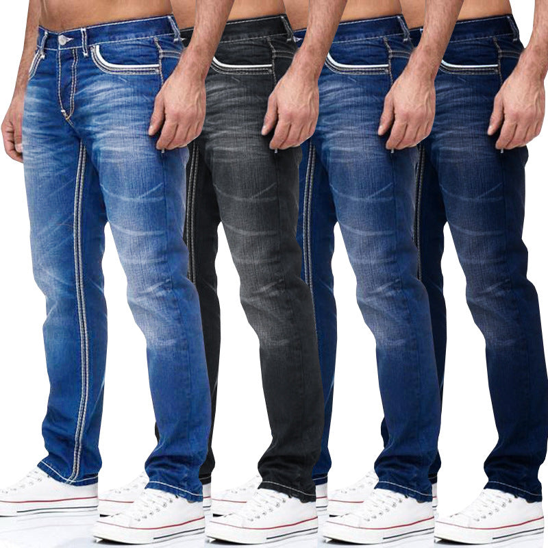Men's White Distressed Mid-rise Loose Straight-leg Jeans