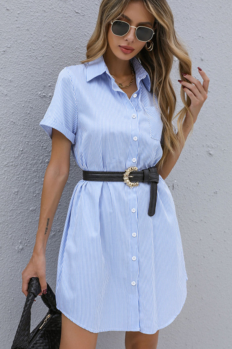 Striped Button Front Mini Shirt Dress（Belt Not Included)