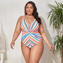 Striped Cross One Piece Large Size Women's Swimwear