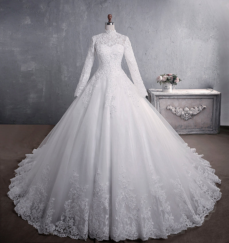 Lace Wedding Dress Bridal Stand-up Collar Long-sleeved Large Tail Large Size