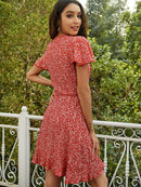 Ditsy Floral Ruffled Flutter Sleeve Plunge Dress