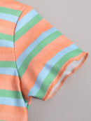 Girls Striped T-Shirt and Button Fly Denim Shorts