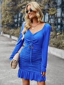 Cutout Ruched Ruffle Hem Tie Front Dress