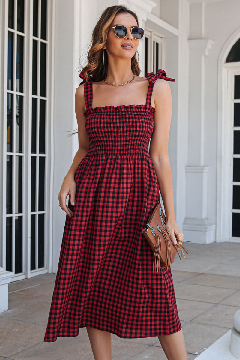 Plaid Frill Trim Tie Shoulder Dress