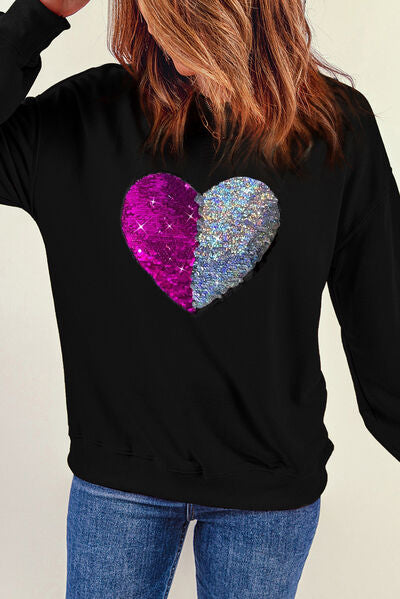 Heart Sequin Round Neck Dropped Shoulder Sweatshirt