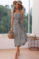 Leopard Print Spaghetti Strap Tie Waist Dress