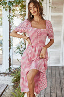 Plaid Cutout Square Neck Smocked Dress