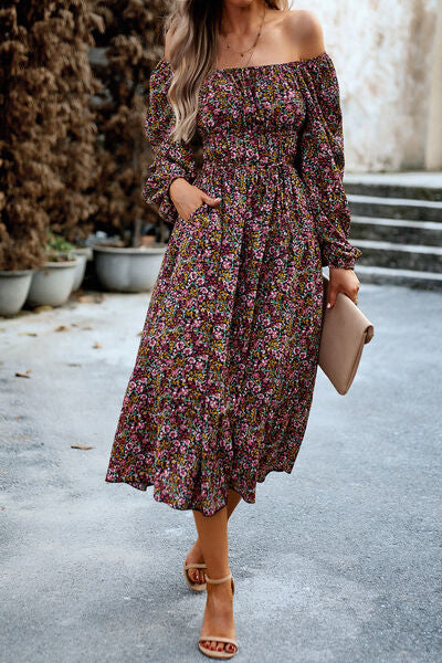 Printed Balloon Sleeve Pocketed Midi Dress