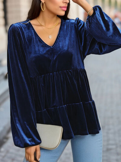 V-Neck Balloon Sleeve Peplum Blouse