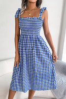 Plaid Tie Shoulder Frill Trim Midi Dress