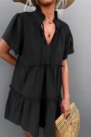 Tie-Neck Frill Trim Tiered Dress