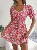 Floral Cutout Flounce Sleeve Dress